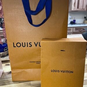 Louis Vuitton Orange Shopping Bag with Blue Handles